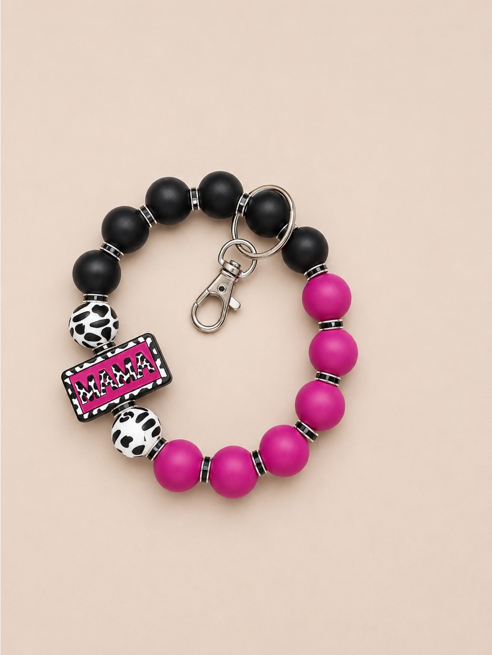 Mama Beaded Wristlet Keychain - Black, Hot Pink & White
